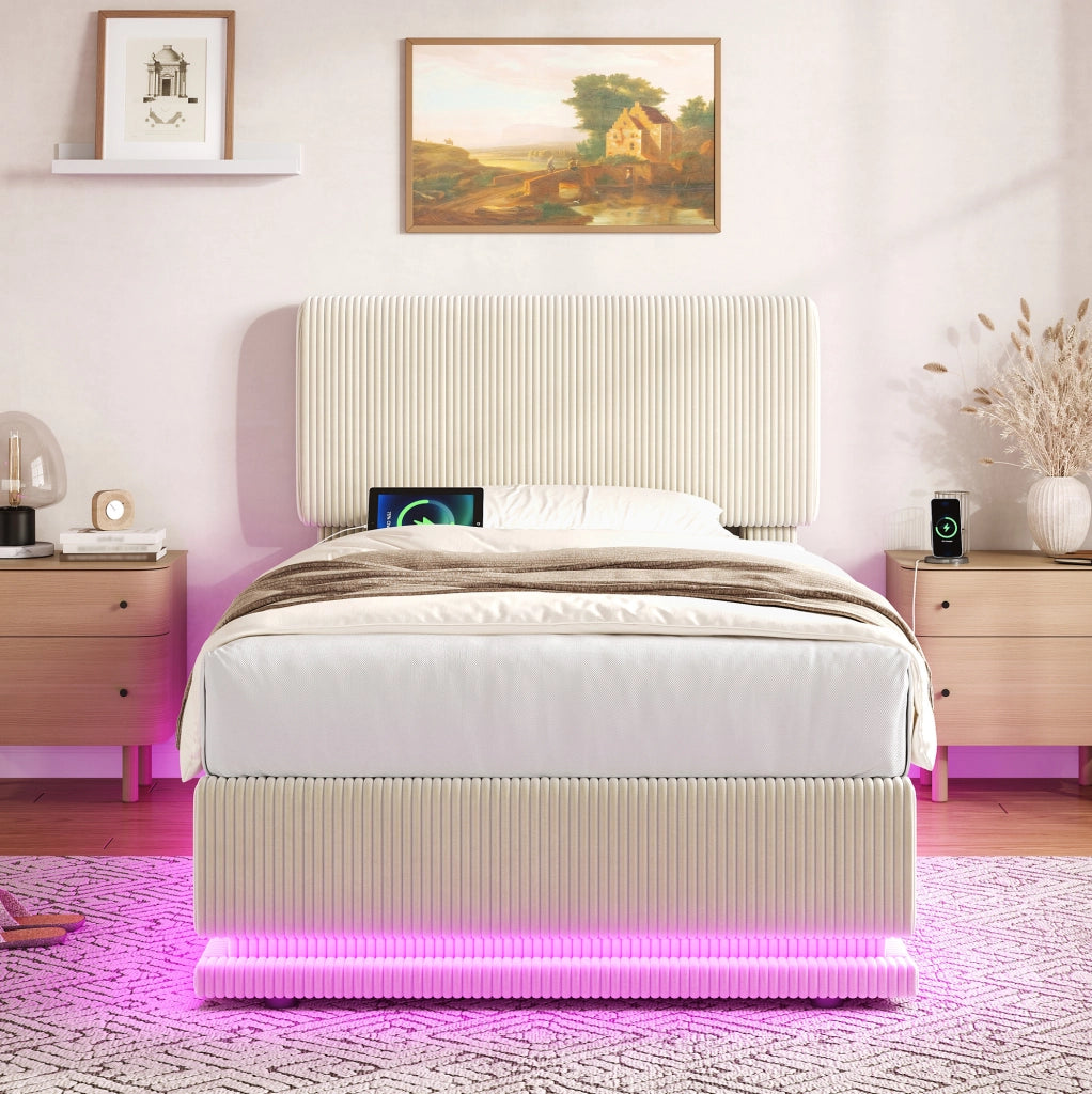 Letto imbottito 90 x 200 cm in velluto a coste beige con LED; USB-C e testiera regolabile