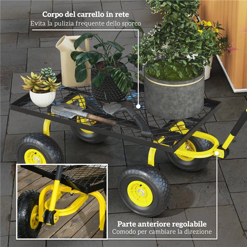 CARRELLO DA GIARDINO IN ACCIAIO CON CAPACITÓ 150 KG E MANIGLIA RIVESTITA, 94X48.5X100 CM, GIALLO E NERO