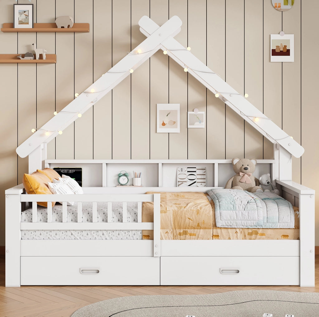Letto a casetta 90x200 cm con LED; ripiani; 2 cassetti e protezione; bianco