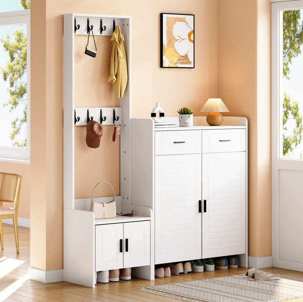 Mobile ingresso con appendiabiti e scarpiera 125x36x165 cm; bianco; in truciolare e MDF