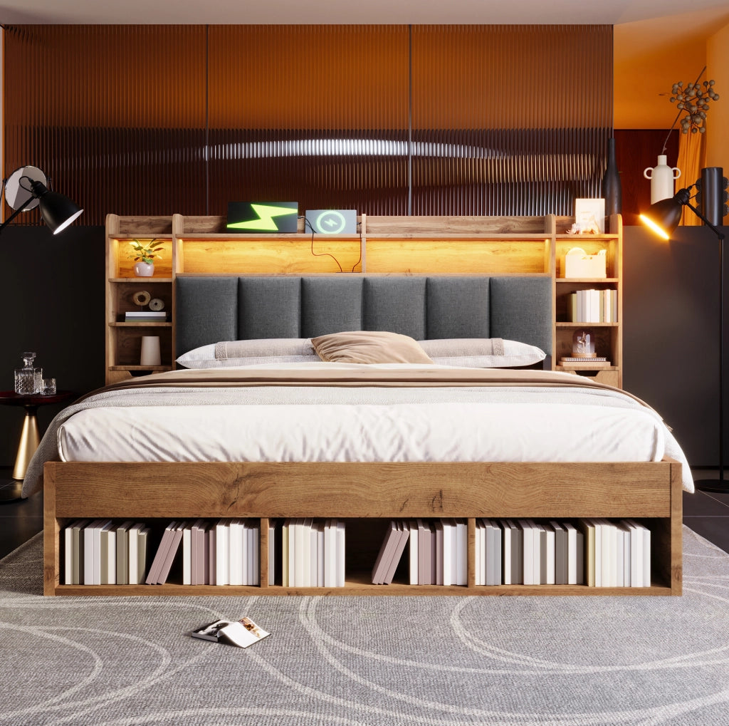 Letto matrimoniale 180x200 cm con LED; USB e USB-C; cassetti e comodini mobili; rovere