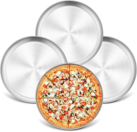 Set di cottura per pizza da 4 pz - Piatto per pizza in acciaio inossidabile - Forma rotonda per pizza - Salute e sostenibilità - Resistente alla lavastoviglie - 26 cm di diametro - Piatto per pizza