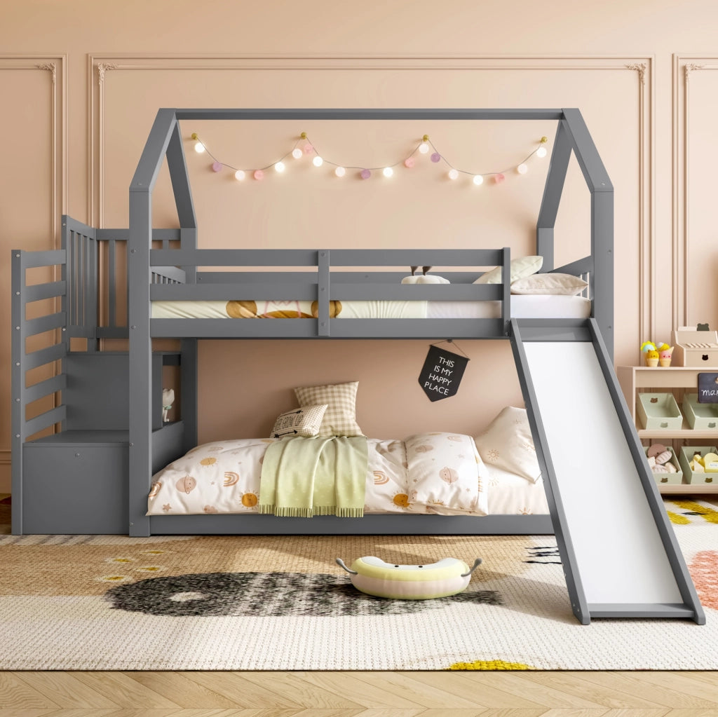 Letto a castello a casetta con scivolo e scala contenitore 90x200 cm