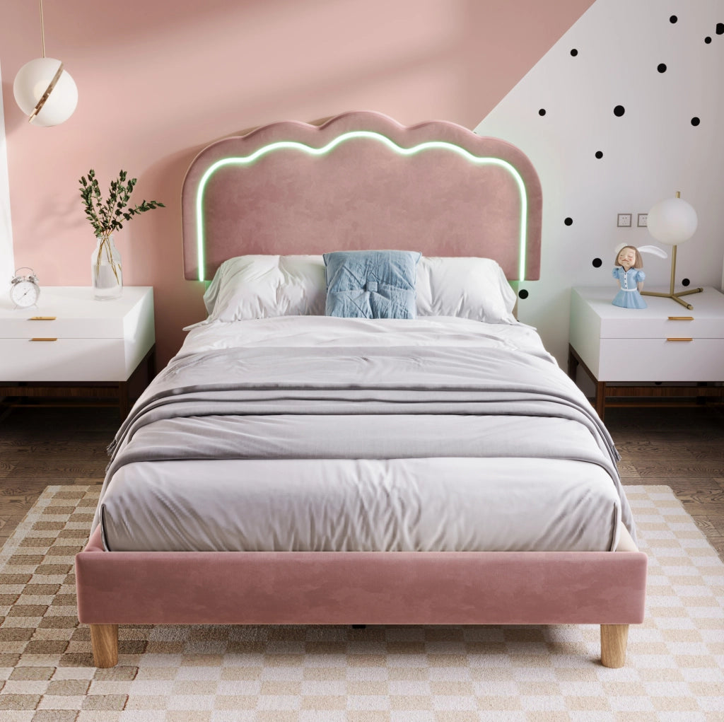 Letto imbottito LED singolo 90x190 cm in velluto rosa con testiera regolabile