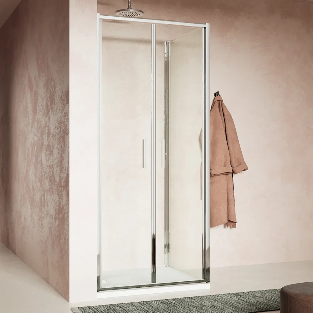 Box doccia slim 75x70cm con porta saloon e parete fissa profili cromati e vetro 6mm trasparente h190| Portofino