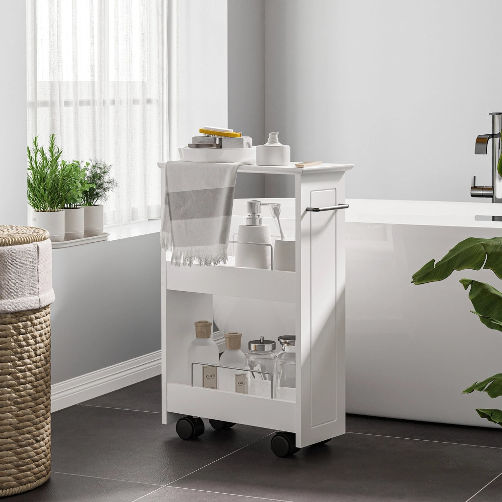 Carrello Salvaspazio Multiuso in Legno MDF e Ruote, 42.5x20.3x66.7cm, Bianco