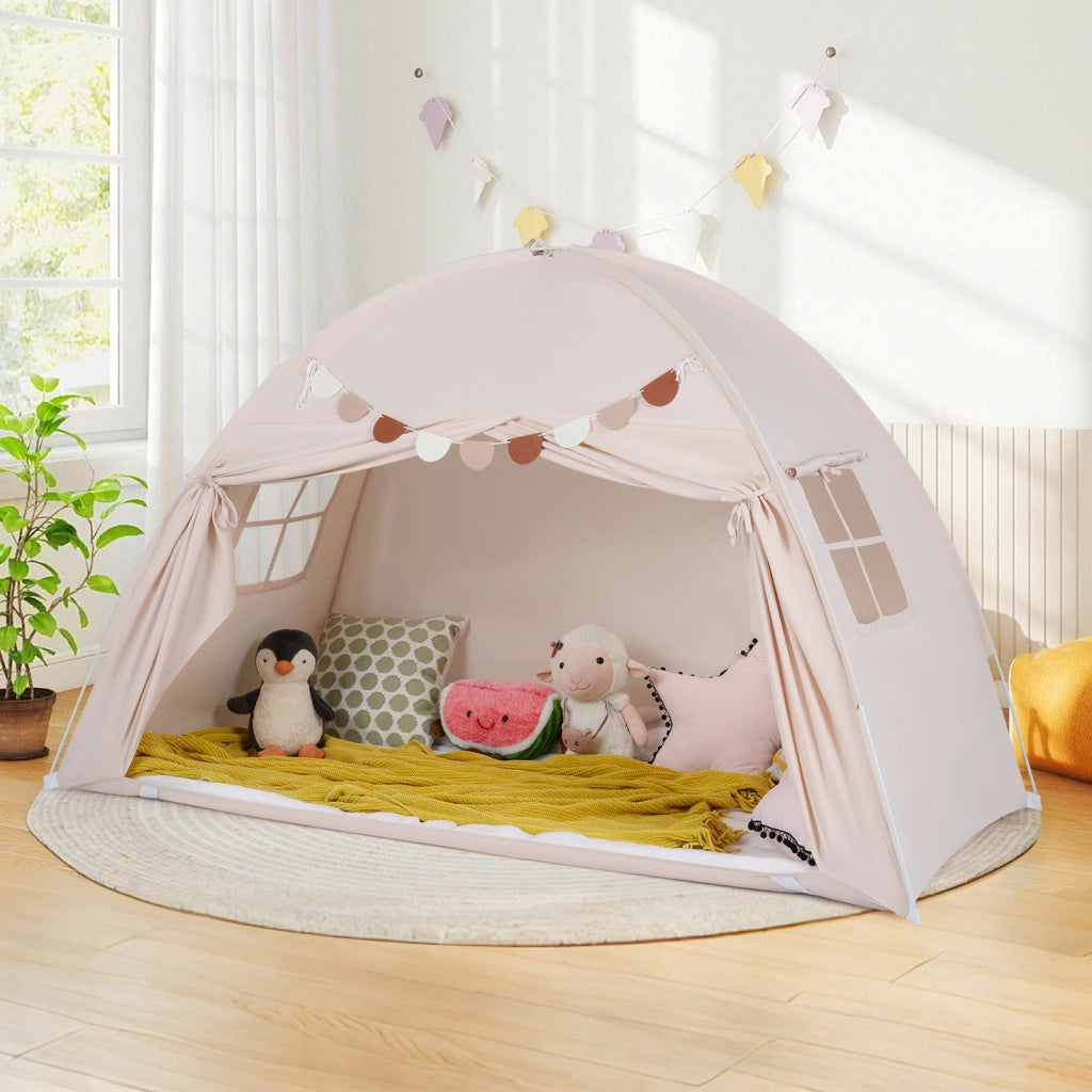 Tenda castello letto matrimoniale 2 finestre bandiere pieghevole-Tenda gioco portatile privacy per bambini 3+ anni Beige