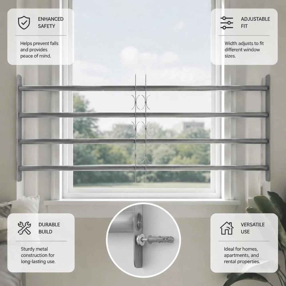 Adjustable Window Security Grille, Galvanized Steel With Decorative Bars, Anti-Theft Protection For Home Office, Silver, Width 1000-1500 Mm