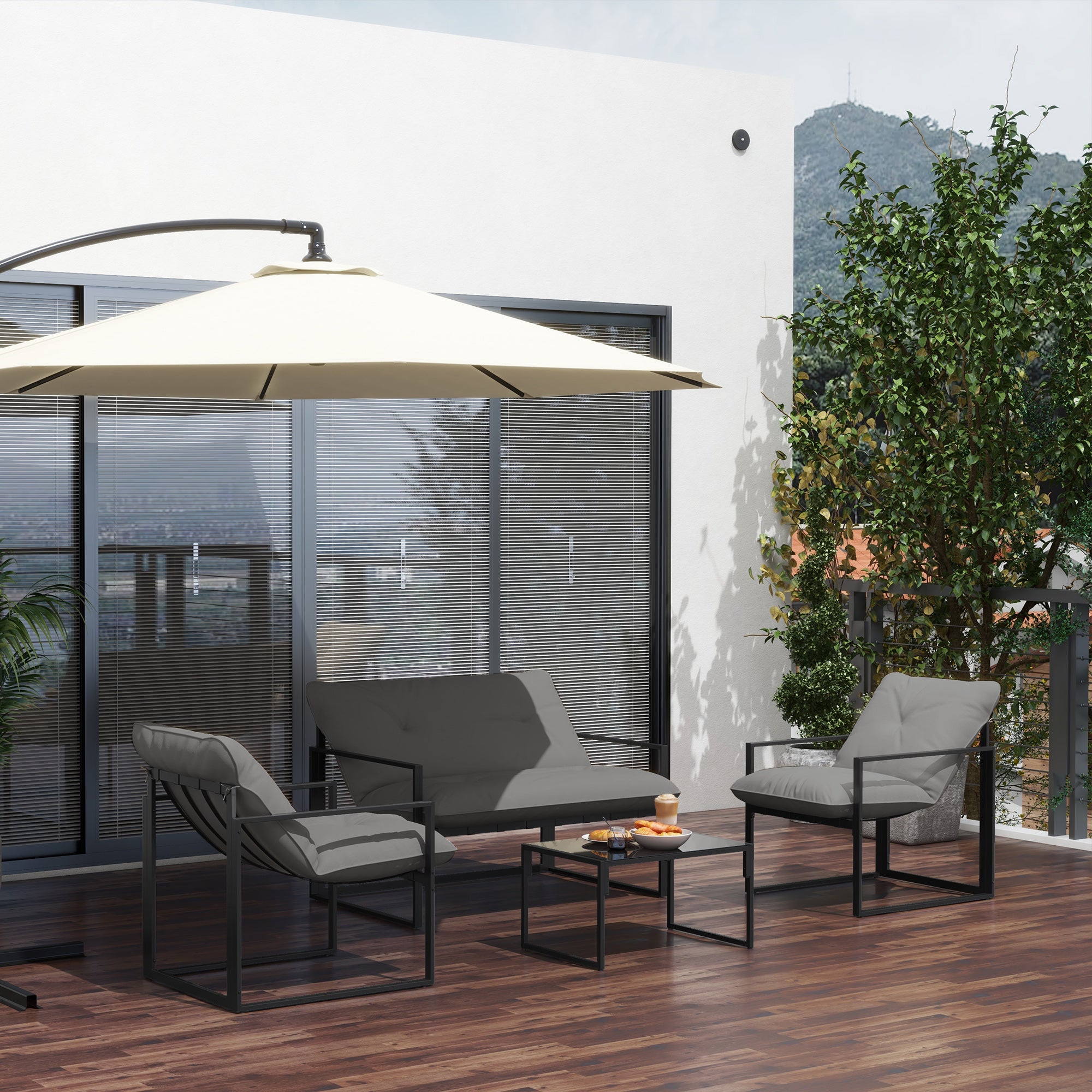 Set 4 Pezzi da Giardino con Divanetto 2 Poltrone e Tavolino in Acciaio, Poliestere e Cotone PP Nero e Grigio