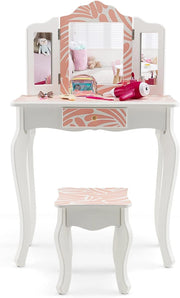 2 in 1 Toeletta Trucco con Sgabello per Bambini, Tavolo da Trucco con Cassetto con 3 Specchi Pieghevole, Specchio Rimovibile, 3 Anni +