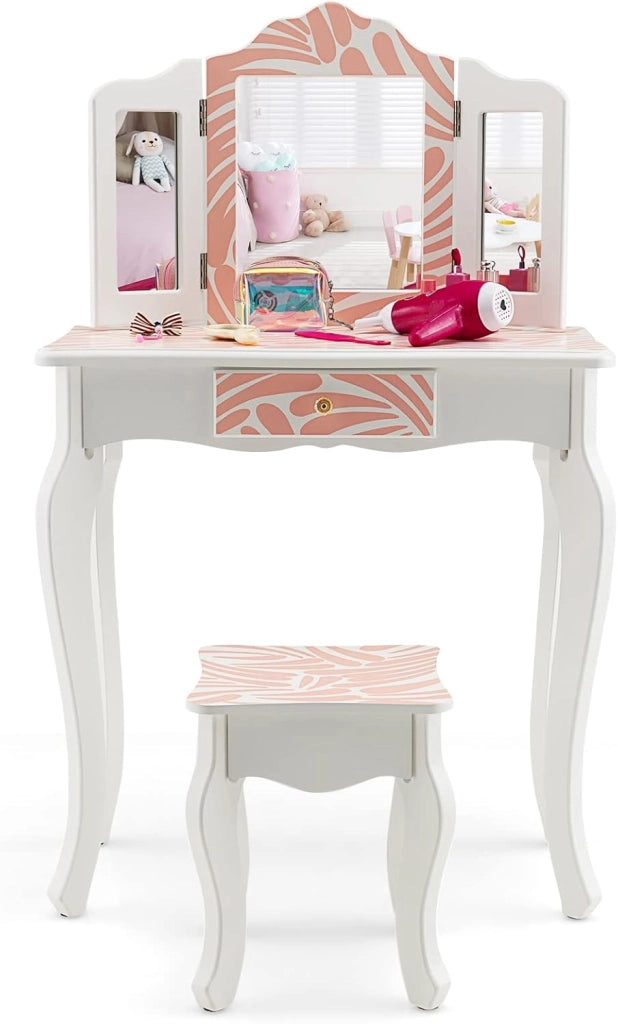2 in 1 Toeletta Trucco con Sgabello per Bambini, Tavolo da Trucco con Cassetto con 3 Specchi Pieghevole, Specchio Rimovibile, 3 Anni +