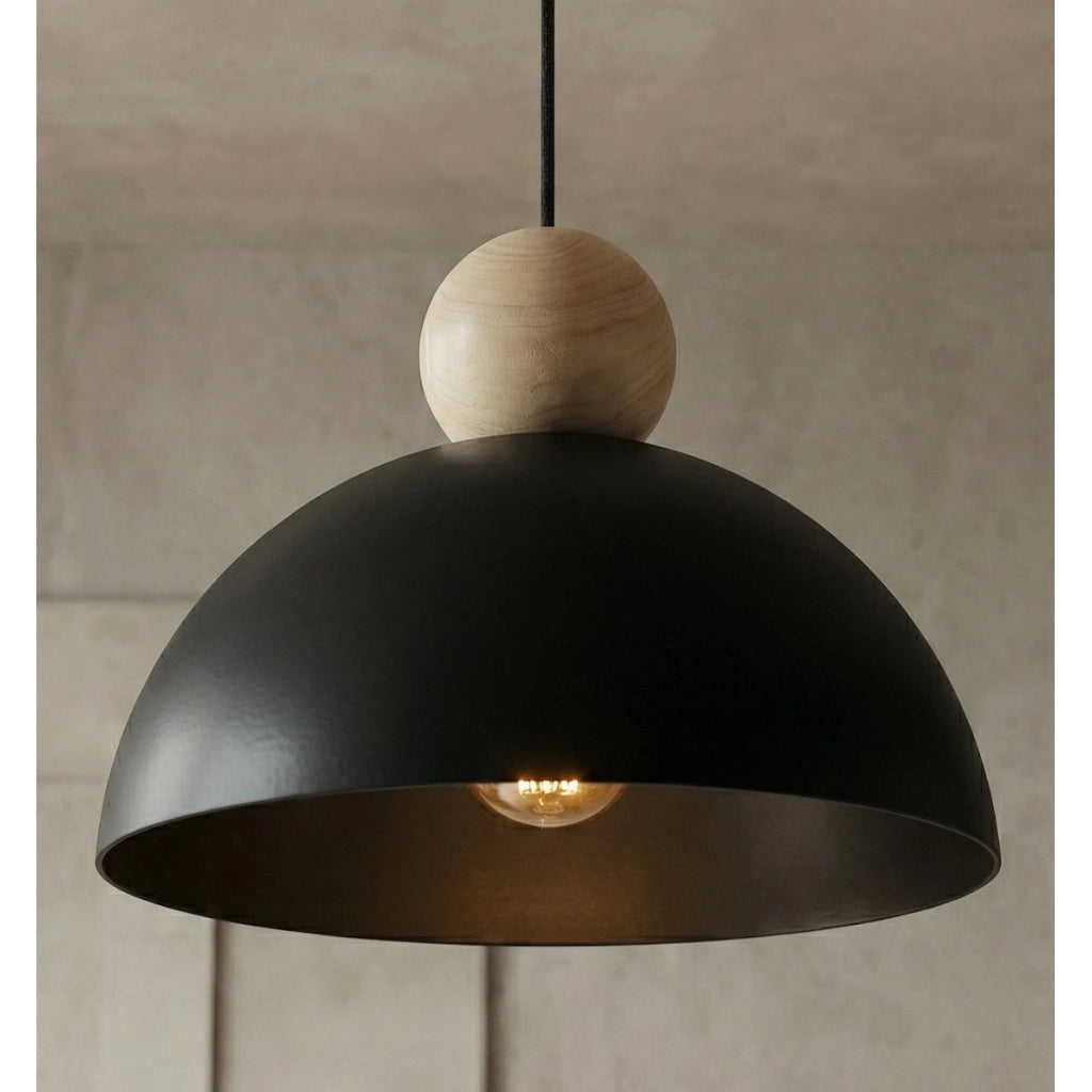 Lampada a sospensione Kaki in acciaio nero opaco e legno