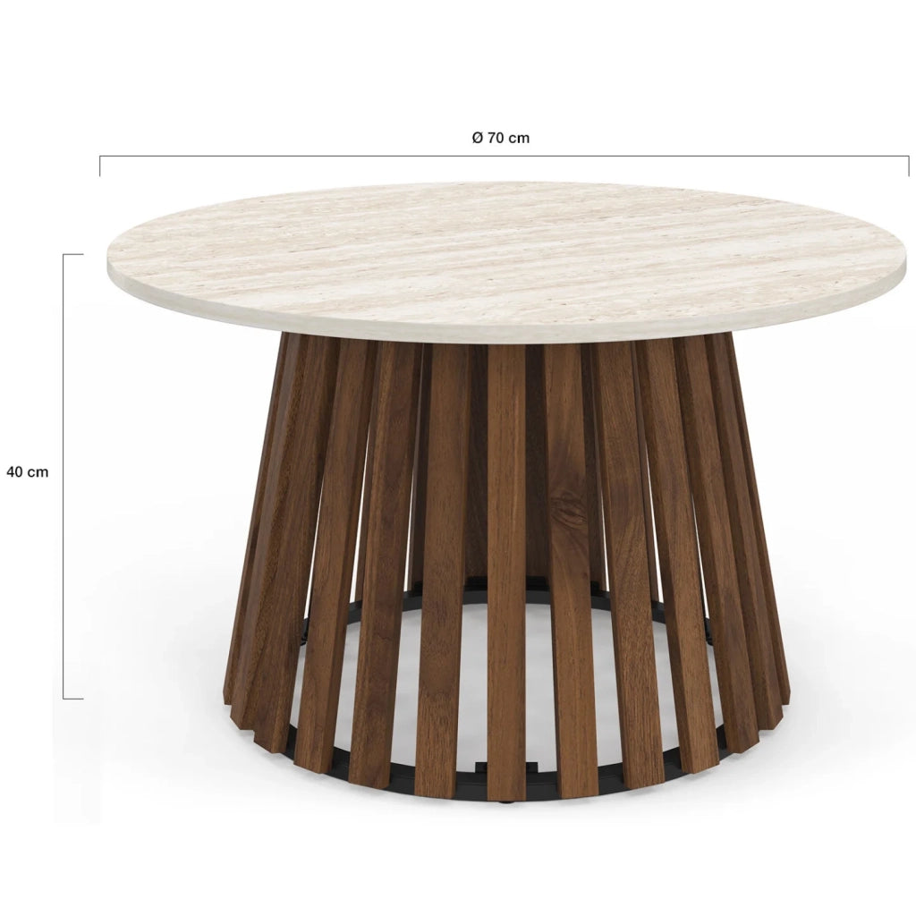 IDMarket - Tavolino rotondo CARMEN 70 cm con gambe in legno effetto noce e piano in travertino