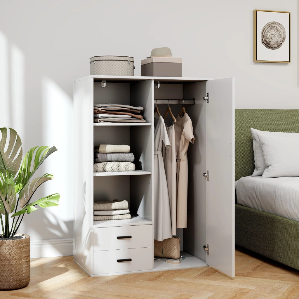 Armadio Moderno 80x50x124 cm Appendiabiti Cassetti e Mensole in Truciolare Bianco