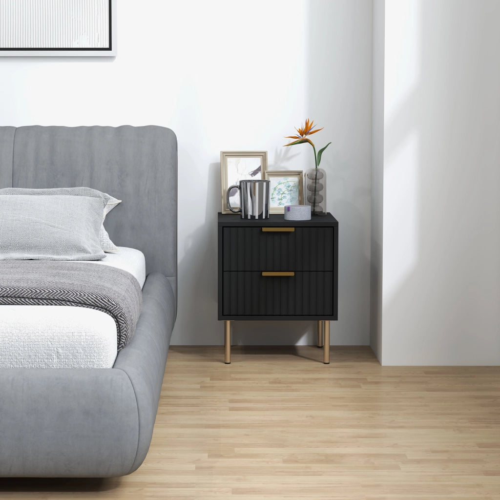 Comodino con 2 cassetti ¨C Xylo ¨C nero, piedi in acciaio, design moderno