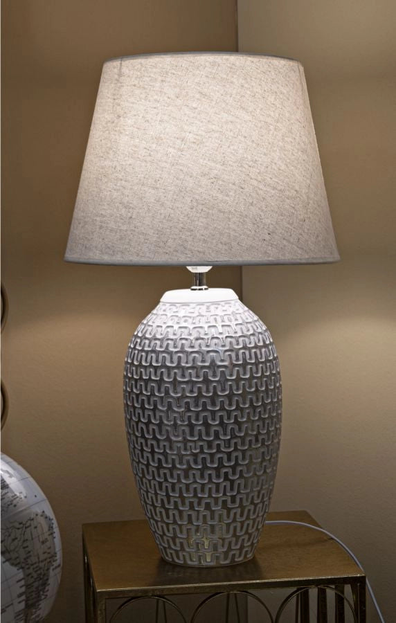Lampada da Tavolo Resina Wave Ø35x65 cm in Resina e Ferro e Tessuto Argento e Bianco