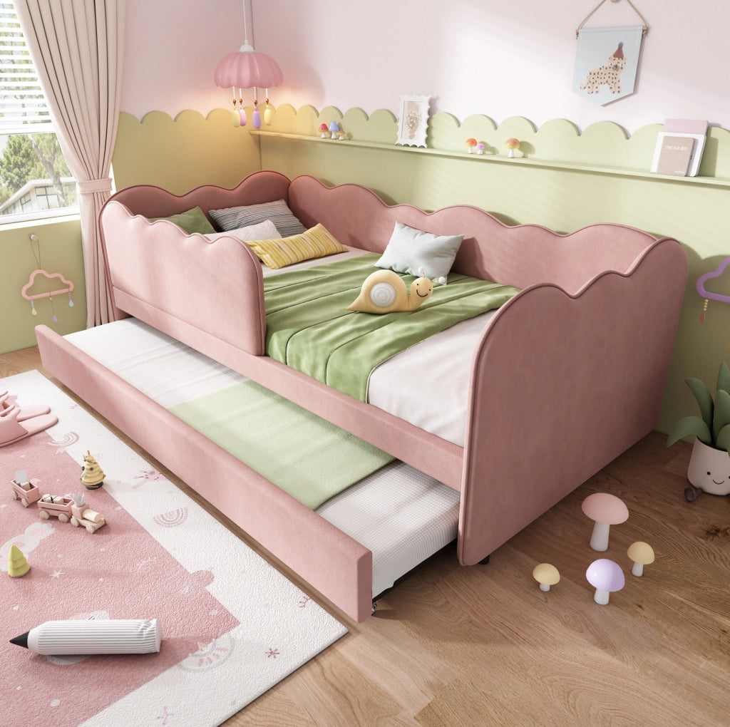 Letto singolo con letto estraibile 90x190 cm in velluto rosa