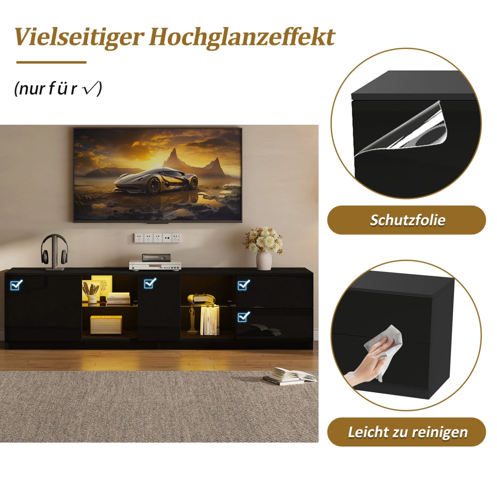 Mobile porta TV con LED, 2 cassetti e 1 anta, in MDF con ripiano in vetro temperato, per soggiorno, 160 × 40 × 52 cm