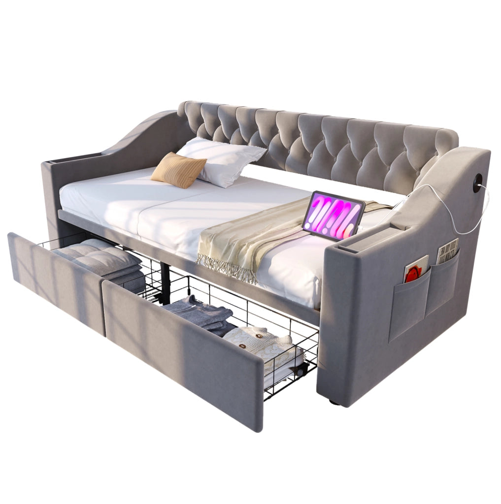 Divano letto imbottito 90x190 cm con USB, cassetti e vani