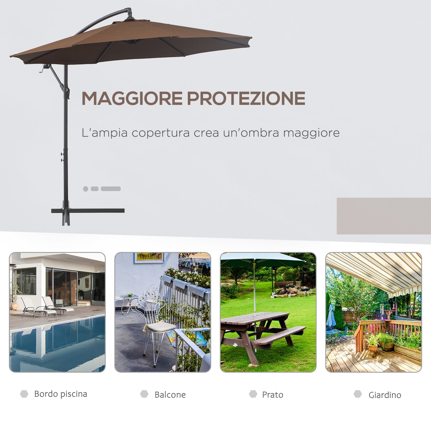 Ombrellone Decentrato da Giardino Ø300x250 cm con Base a Croce e Manovella in Acciaio e Poliestere Caffè