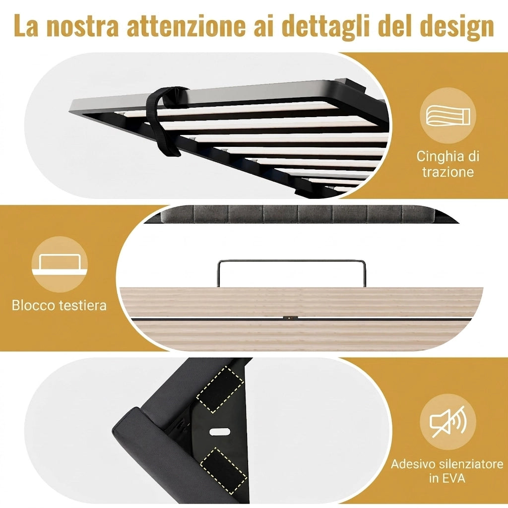Letto Contenitore 140x190 cm; Letto Imbottito Grigio con LED e Prese USB; in Lino