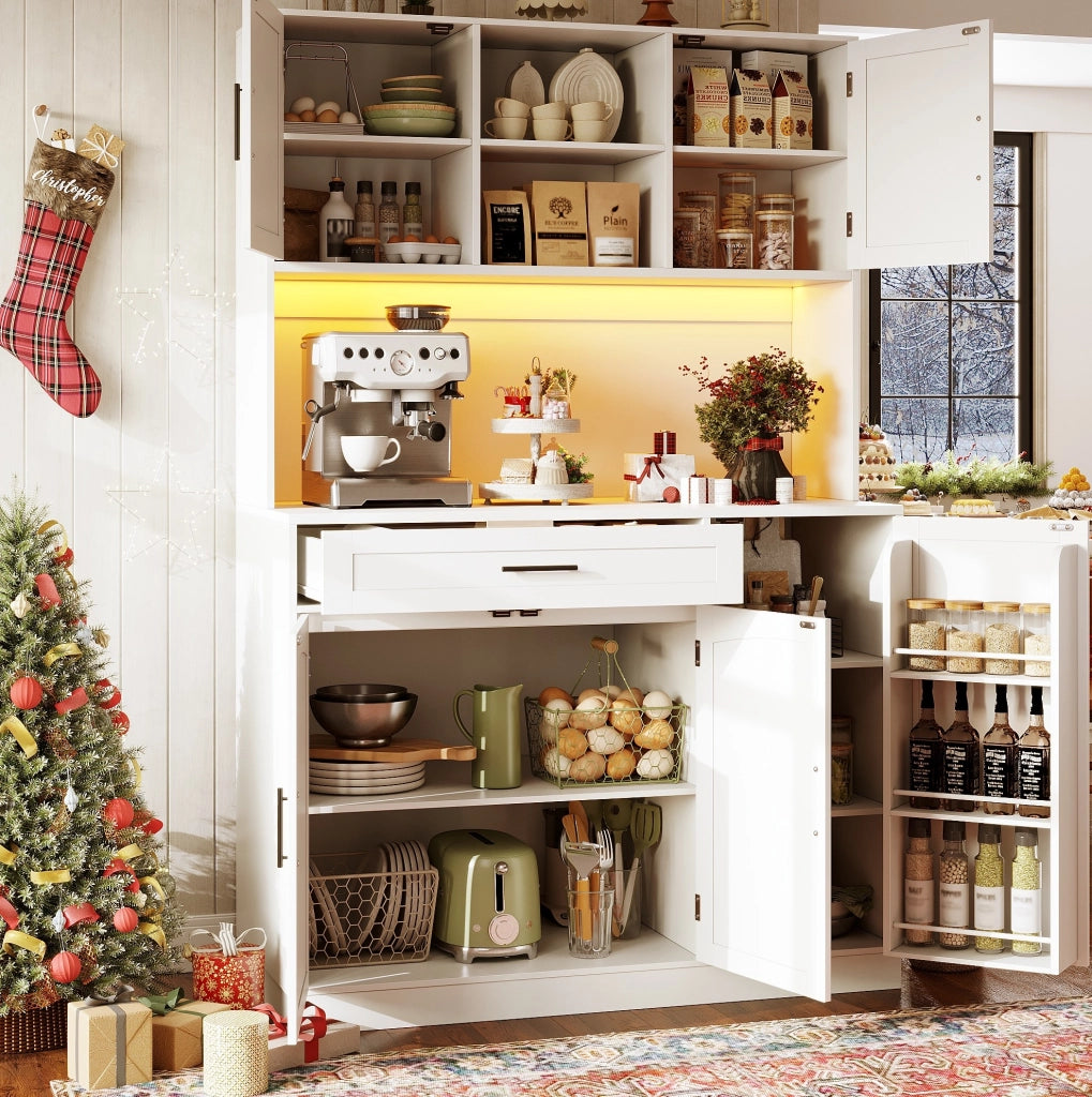Credenza da cucina con LED e prese, bianca, 110x38x180 cm