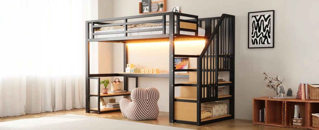DESMIU Letto a soppalco 90 × 200 cm 1 posto con scrivania, ripiani e scala contenitore, senza materasso, metallo, nero