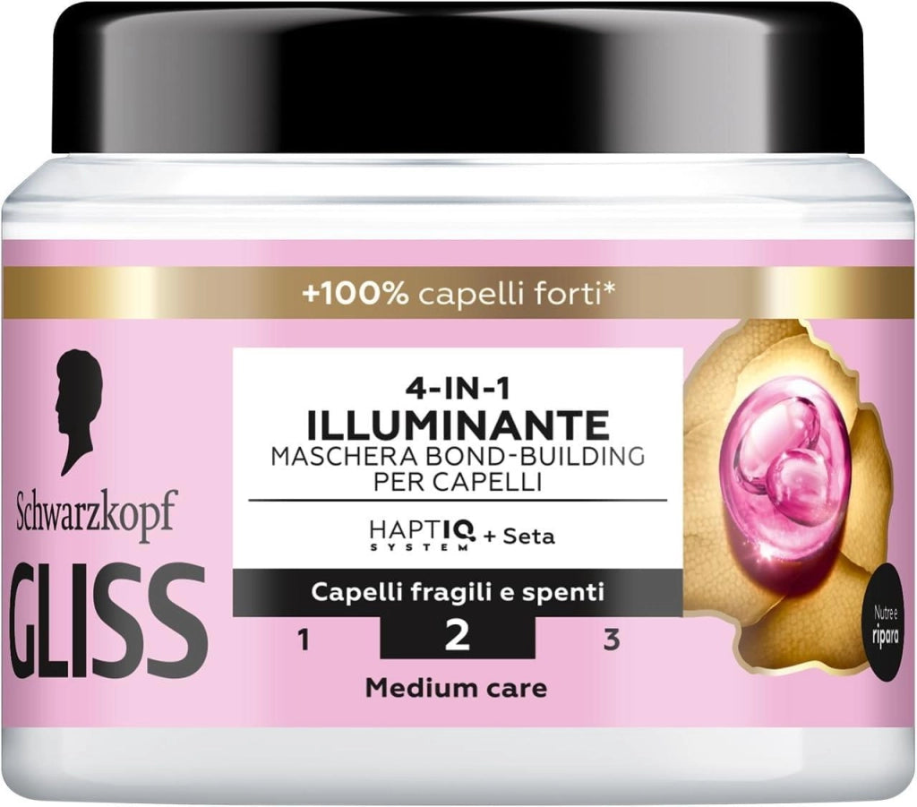 SCHWARZKOPF GLISS 4-IN-1 ILLUMINANTE MASCHERA PER CAPELLI 400 ML SETA LUMINOSA HAPTIQ SYSTEM X CAPELLI FRAGILI E SPENTI