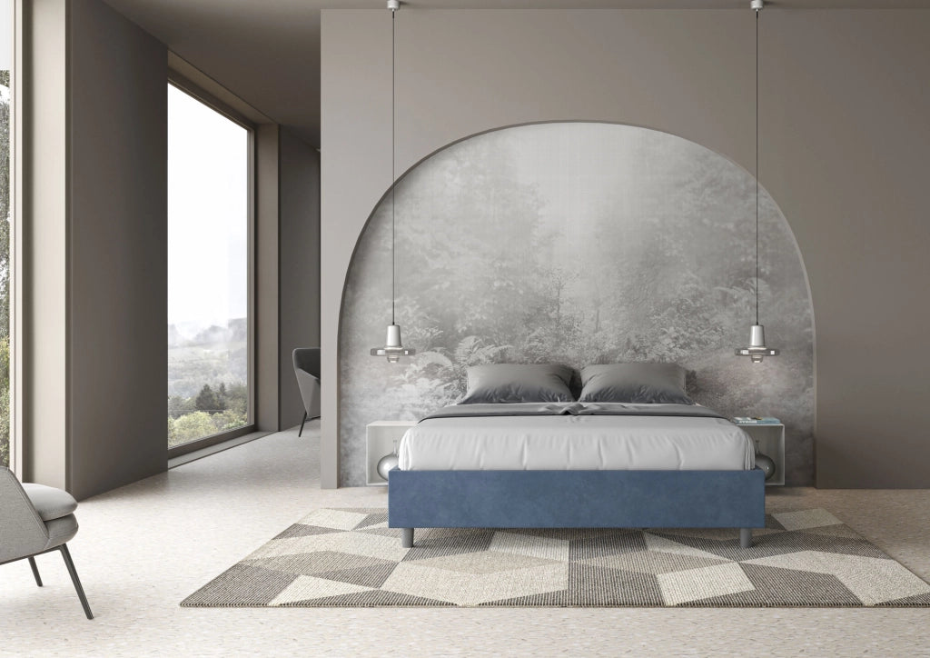 BS COM Letto queen size contenitore imbottito 150x210 microfibra blu