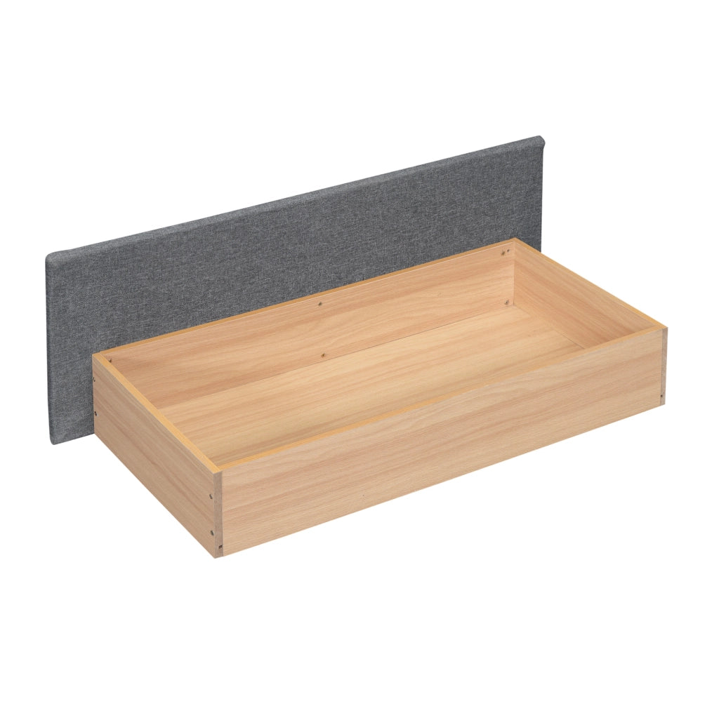 Letto imbottito 140×200 cm grigio in lino con LED, USB, cassetti e vano contenitore
