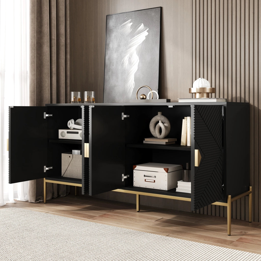 Credenza con 4 Ante e Gambe in Metallo; Motivo Geometrico 3D; Stile Moderno; in MDF; Nero; 162??40??80 cm