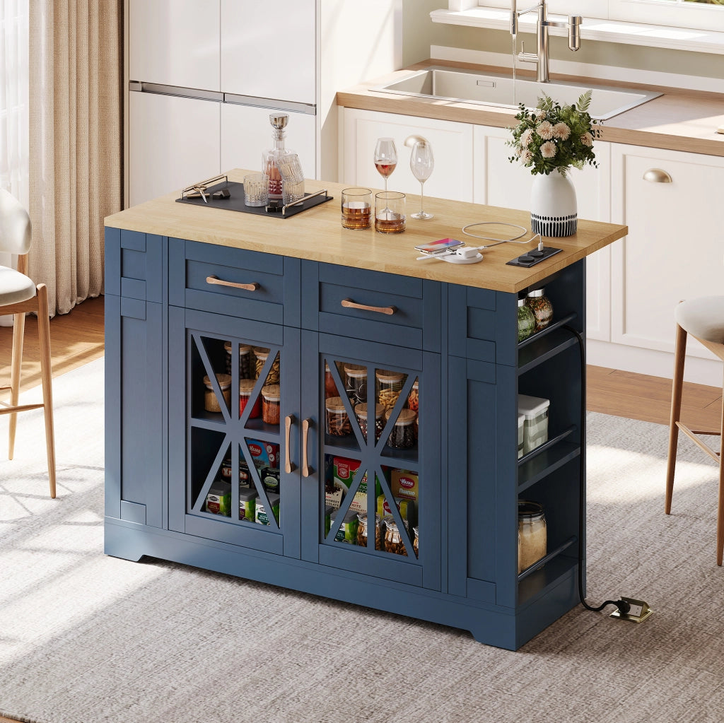 Carrello isola cucina 120x40(65)x92 cm con piano pieghevole e prese integrate in MDF blu e neutro