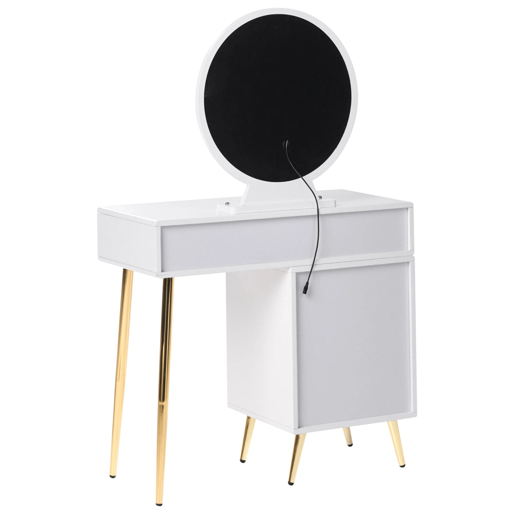 Toeletta con 6 cassetti specchio LED bianco e oro e sgabello camera da letto elegante