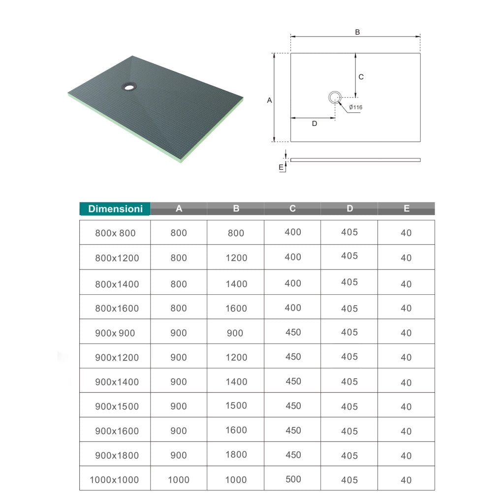 Piatto Doccia Pronto da Piastrellare in Estruso Rigida Polistirene Tagliabile Isolamento per Bagno Dimensione 80x160X4 cm Sifone Piletta incluso