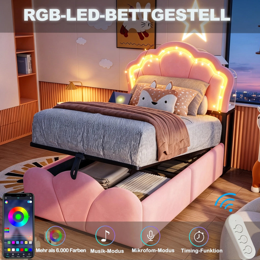 LETTO imbottito 90x200 cm in velluto rosa con LED, prese e contenitore idraulico