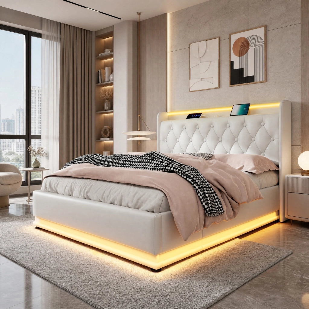 Letto matrimoniale imbottito 160x200 cm in PU bianco con LED 360°, USB e contenitore idraulico