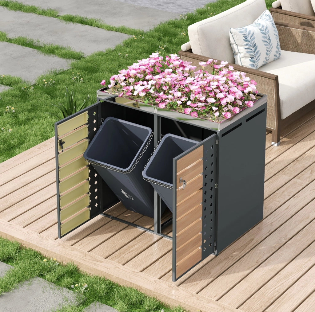 Porta bidoni da esterno con fioriera integrata; 2 vani; 132x80x124;6 cm; grigio e legno