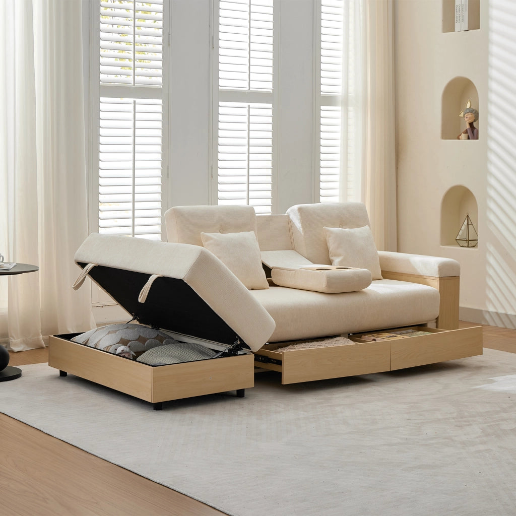 Divano letto in chenille con contenitore, schienale reclinabile a 3 posizioni, 2 cassetti e portabicchieri nascosto, 217 cm, beige