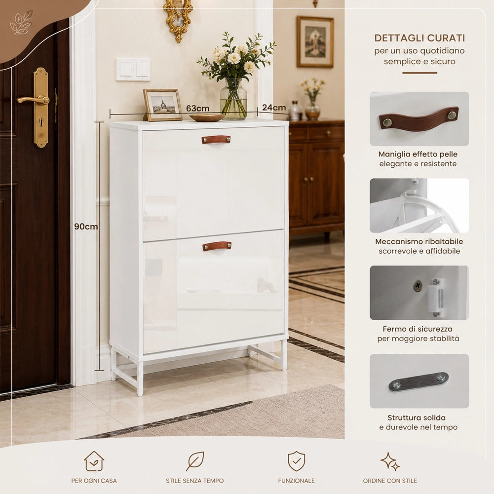 Scarpiera 2 Ante 63x24x90 cm Mobile per Scarpe Salvaspazio con Maniglie Bianco