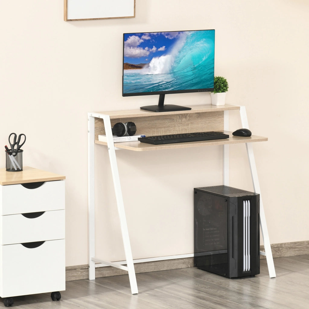 Scrivania moderna con vano portaoggetti e passacavi, struttura in metallo, bianco, 84 x 45 x 85 cm