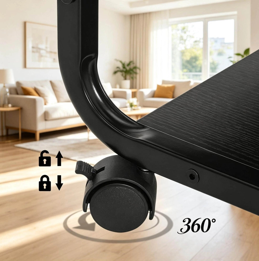 Tavolino a C 50x35x62 cm in legno e metallo nero con ruote e vano contenitore