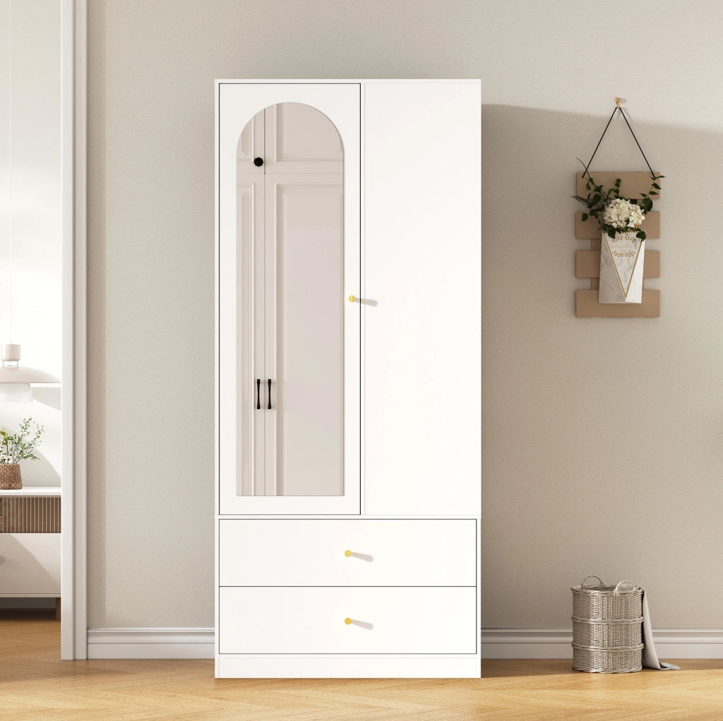 Armadio guardaroba bianco con specchio, 2 cassetti e 4 ripiani, 80x40x180 cm