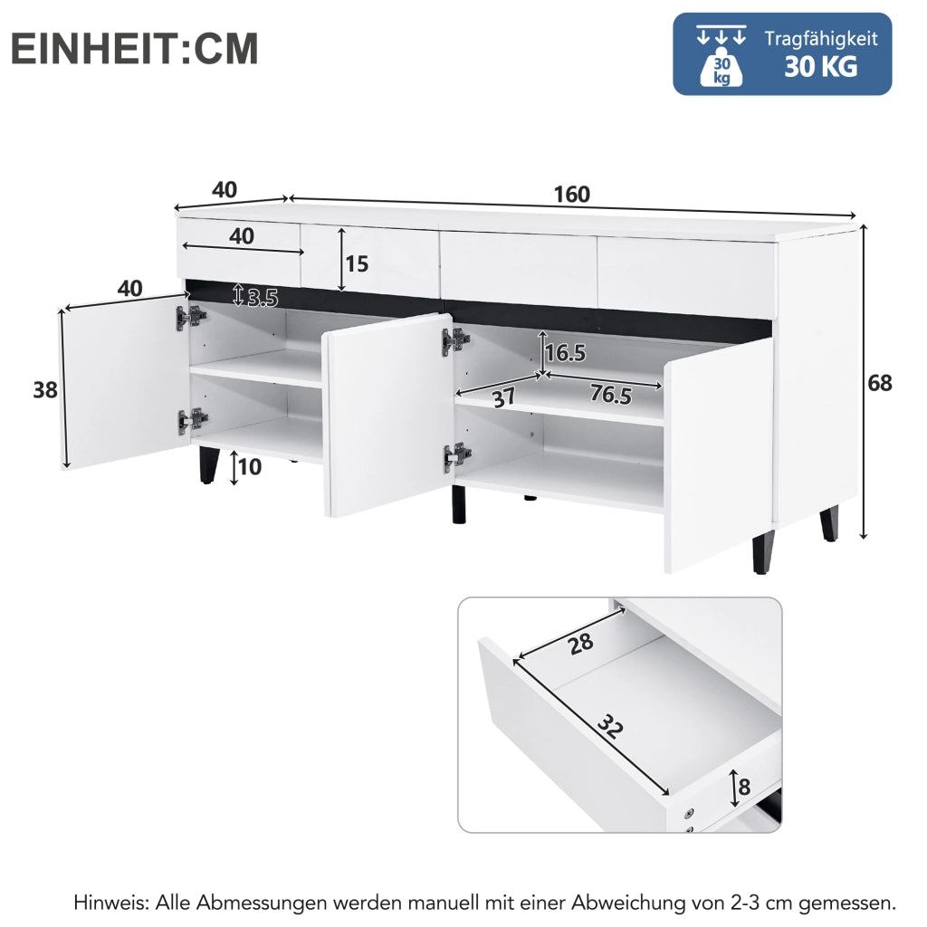 Credenza con 4 cassetti e 2 ante; ripiani regolabili - per soggiorno - 160x40x68 cm