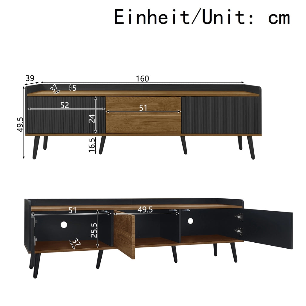 Mobile TV 160x39x49.5 cm; 3 ante con bordo rialzato; MDF e pannello truciolare nero e colore naturale