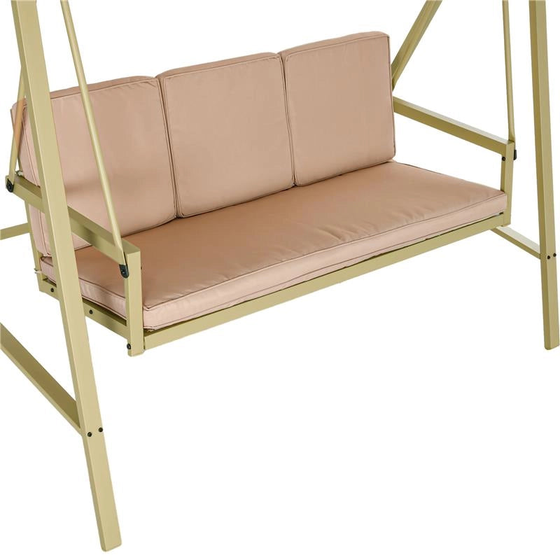 DONDOLO 3 POSTI CON TETTUCCIO INCLINABILE E CUSCINI, IN ACCIAIO E TEXTILENE, 200X125X175 CM, BEIGE E MARRONE