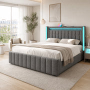 Letto matrimoniale imbottito 160x200 cm con LED; USB; 4 cassetti e materasso; grigio