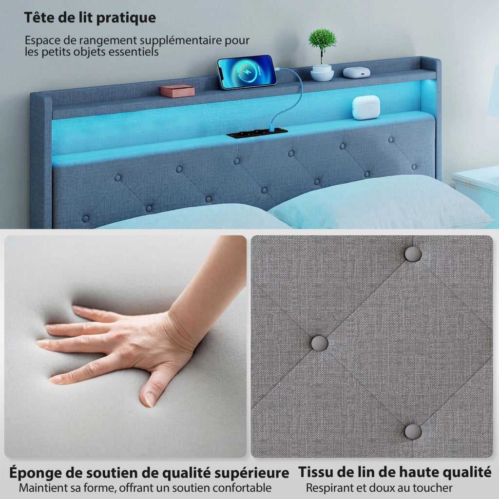 Letto Matrimoniale con Luci LED e Stazione di Ricarica ¨C Zephmum ¨C Grigio 140x190 cm