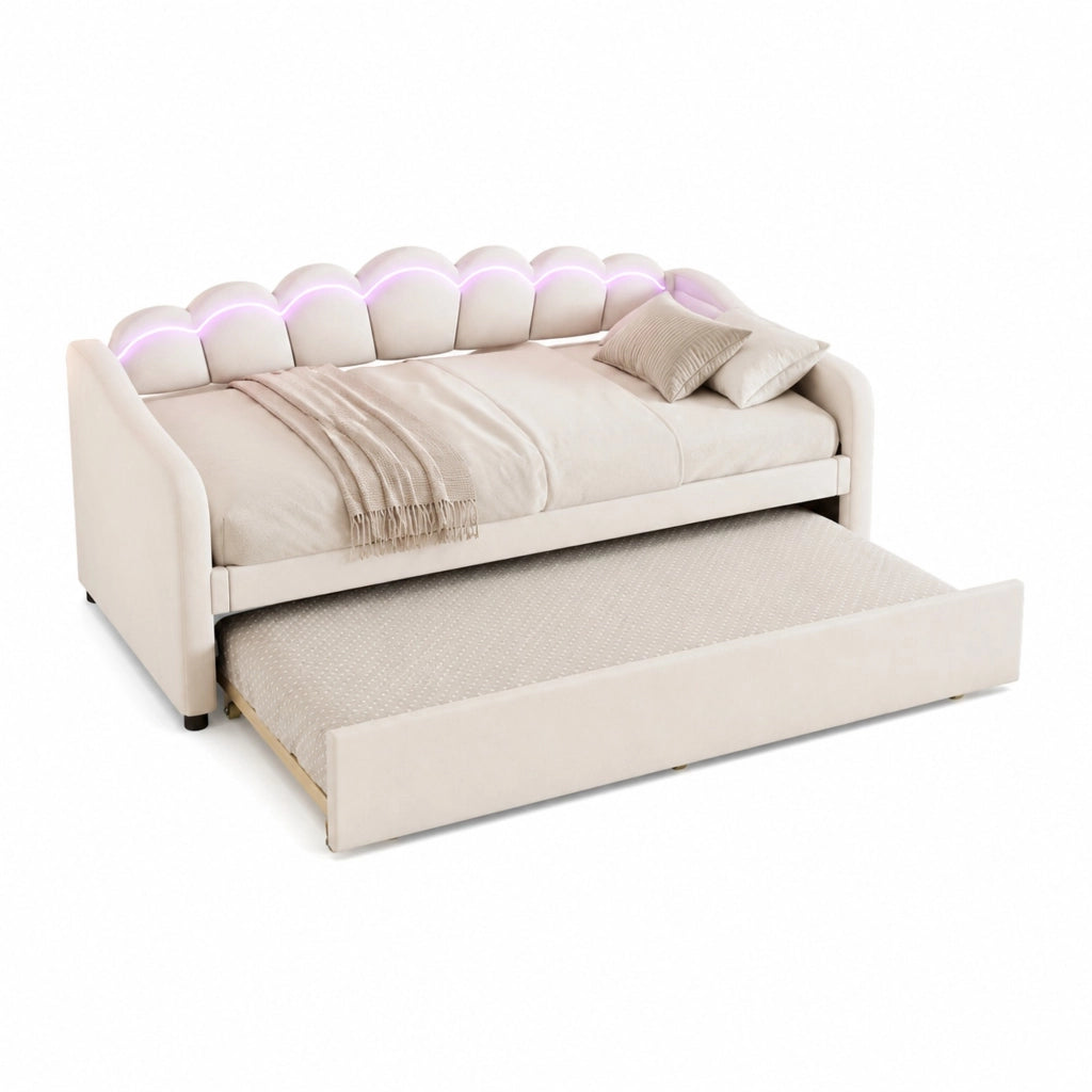 Letto singolo 90x200 cm in velluto beige con letto estraibile, LED ambiente, senza materasso