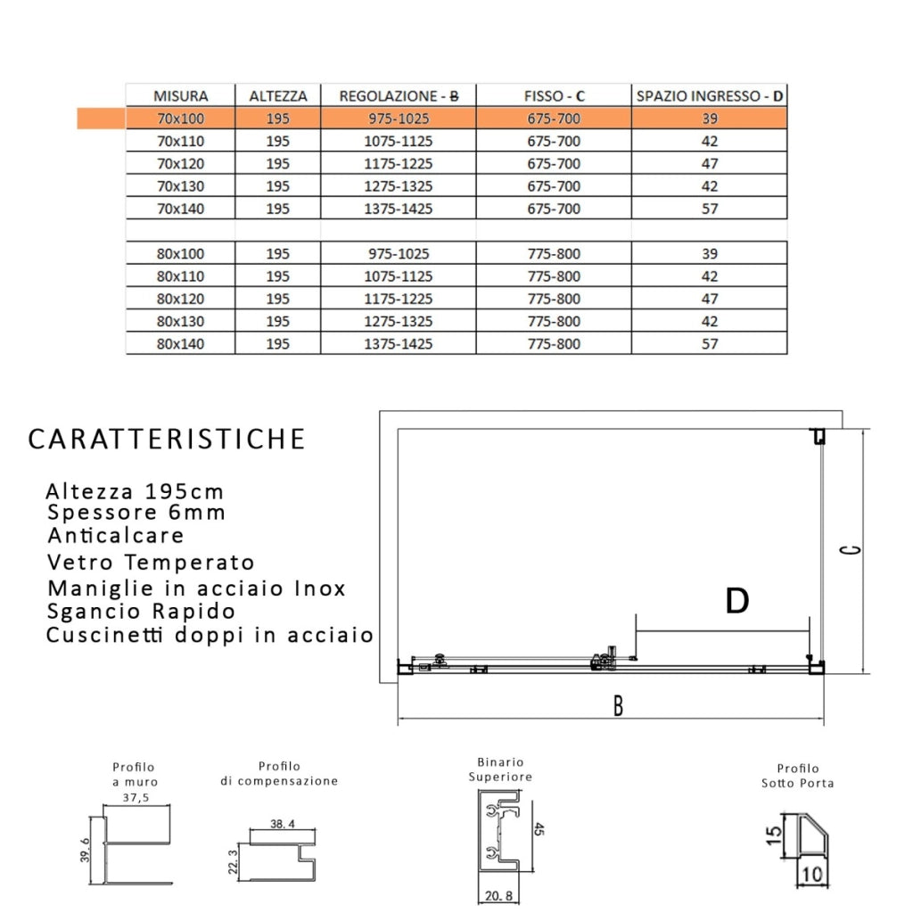 Box doccia tre lati con profili neri scorrevole anticalcare 195 lagoa, misura 70x100x70