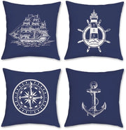 Set di 4 Cuscini Nautici Marittimi 45 x 45 cm con Doppia Facia, Simbolo dell'Anchiglia, Zeppa e Compasso in Lino Polyester per Decorazione di Sala da Pranzo e Soggiorno.